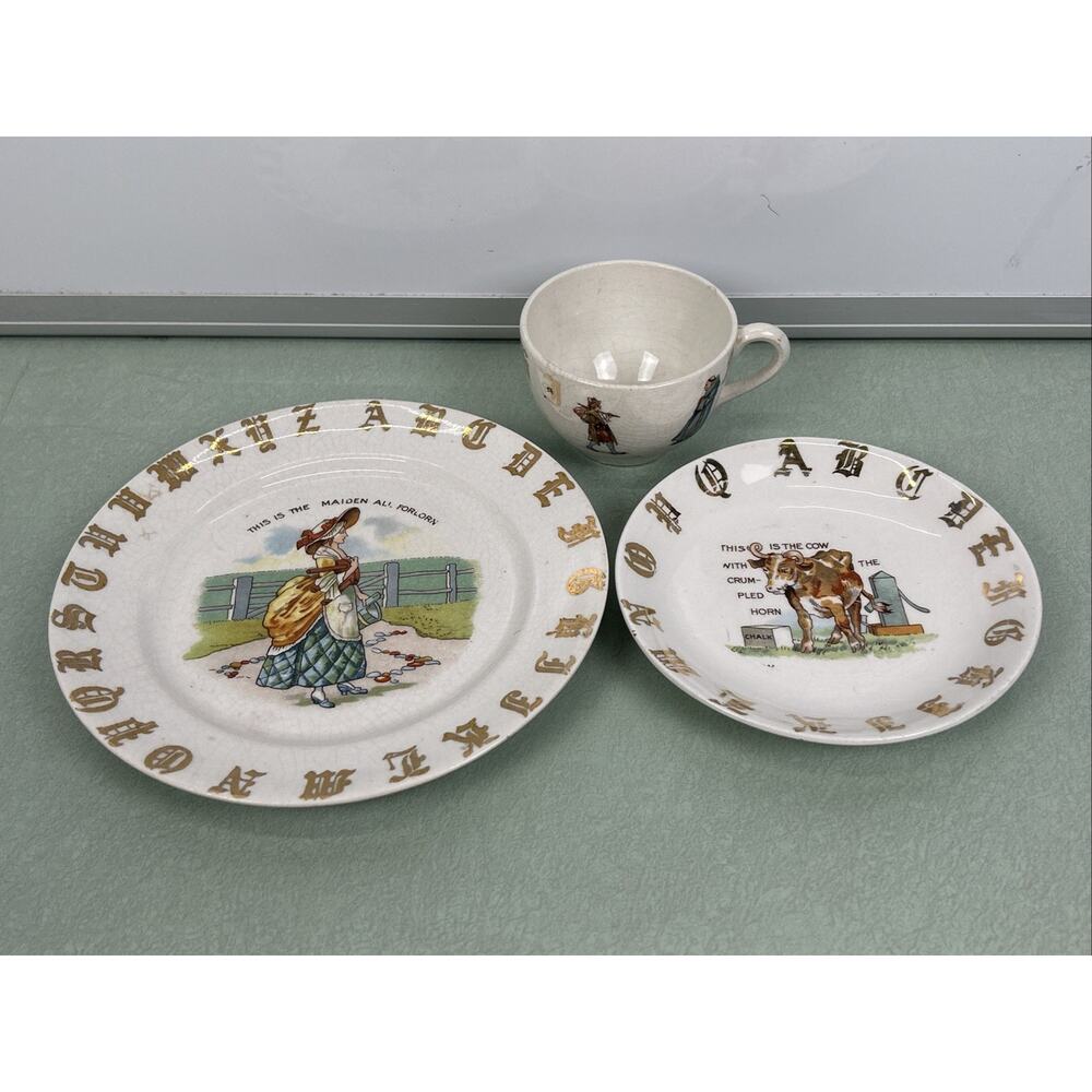 Vintage Dresden Children Kids ABC Plate Saucer Teacup Lot This Is The Maiden Cow
